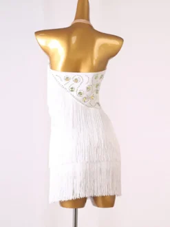 Robe de danse latine Robe de polyester Femme Blanc Sexy Sexy Fringe Strass Strass Dancer latine Dancant Porter