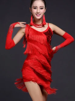 Robe de danse latine robe rouge à franges pour fille short sexy tenue de danse