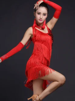 Robe de danse latine robe rouge à franges pour fille short sexy tenue de danse