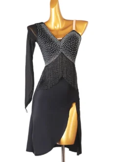 Robe de danse latine Robes de Strass Femmes Noir Épaule Opond Bullcon Sexy Polyester Robe Danse Porter