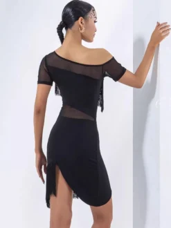 Robe de danse latine sexy noire pour femme manches courtes en polyester avec franges tenue de danse latine