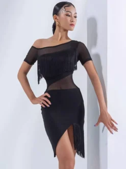 Robe de danse latine sexy noire pour femme manches courtes en polyester avec franges tenue de danse latine