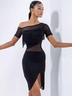 Robe de danse latine sexy noire pour femme manches courtes en polyester avec franges tenue de danse latine
