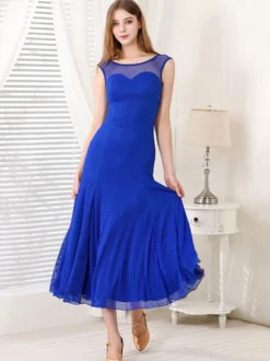 Robe de danse pour femme col rond sans manches en maille costumes de danse de salon