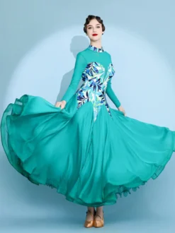 Robe de danse pour femme jupe trapèze imprimée costume de danse standard national manches longues robe de valse moderne robe de tango pour compétition