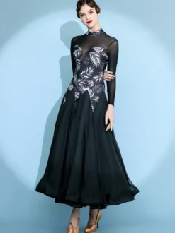 Robe de danse pour femme jupe trapèze imprimée costume de danse standard national manches longues robe de valse moderne robe de tango pour compétition