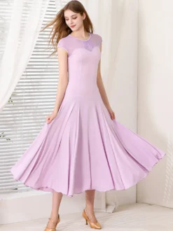 Robe de danse pour femmes col rond manches courtes jupe plissée costumes de danse de salon
