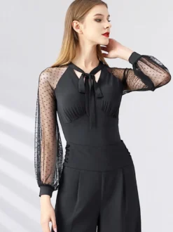 Robe de danse pour femmes manches longues décolleté en ruban costumes de danse de salon
