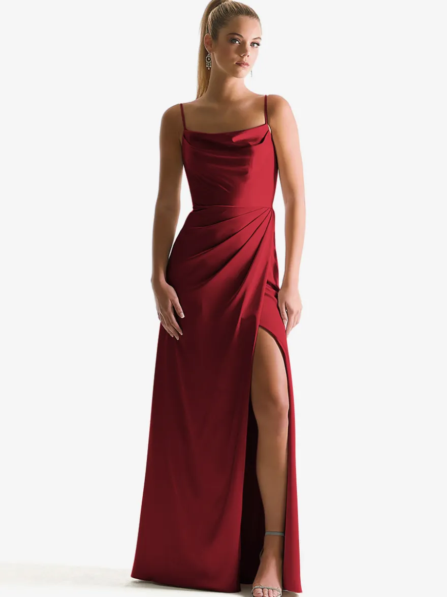 Robe de demoiselle d'honneur à bretelle zip sur dos jupe fendue au sol
