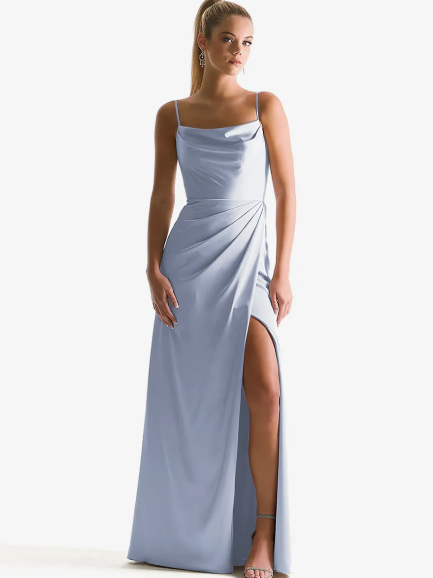 Robe de demoiselle d'honneur à bretelle zip sur dos jupe fendue au sol