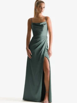Robe de demoiselle d'honneur à bretelle zip sur dos jupe fendue au sol