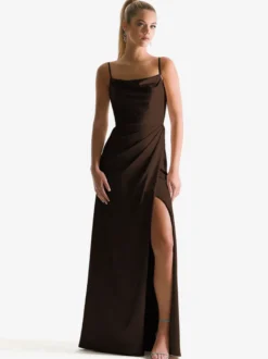 Robe de demoiselle d'honneur à bretelle zip sur dos jupe fendue au sol