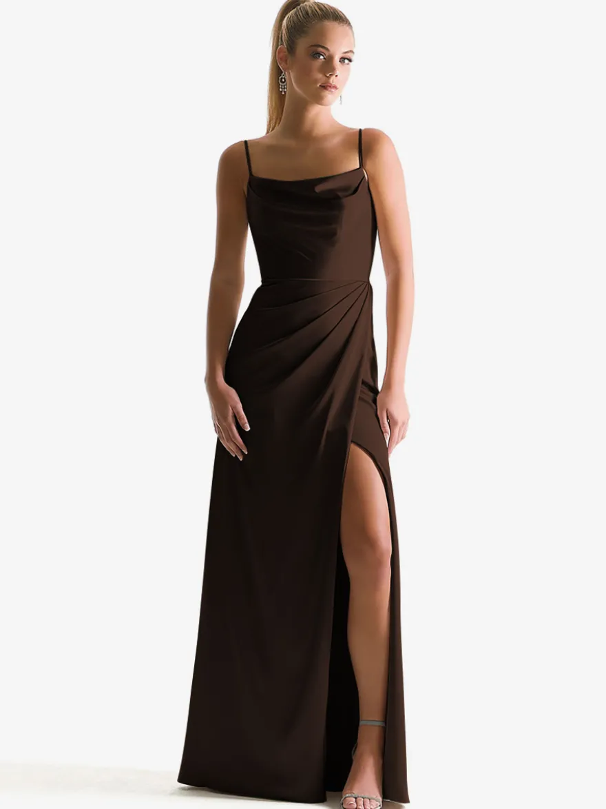 Robe de demoiselle d'honneur à bretelle zip sur dos jupe fendue au sol