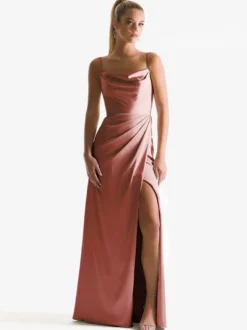 Robe de demoiselle d'honneur à bretelle zip sur dos jupe fendue au sol