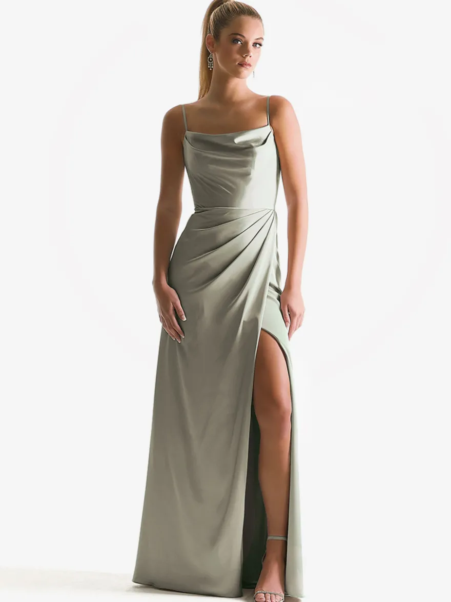 Robe de demoiselle d'honneur à bretelle zip sur dos jupe fendue au sol