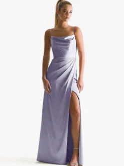 Robe de demoiselle d'honneur à bretelle zip sur dos jupe fendue au sol
