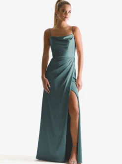 Robe de demoiselle d'honneur à bretelle zip sur dos jupe fendue au sol