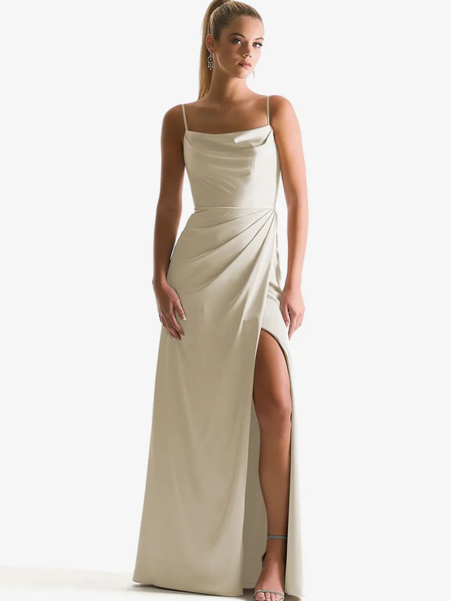 Robe de demoiselle d'honneur à bretelle zip sur dos jupe fendue au sol