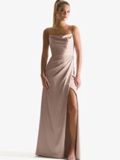 Robe de demoiselle d'honneur à bretelle zip sur dos jupe fendue au sol