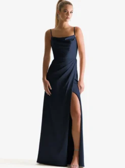 Robe de demoiselle d'honneur à bretelle zip sur dos jupe fendue au sol