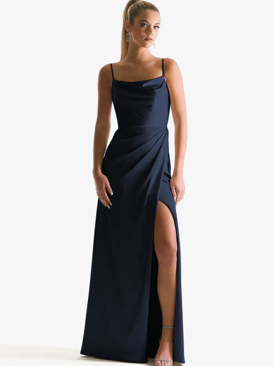 Robe de demoiselle d'honneur à bretelle zip sur dos jupe fendue au sol