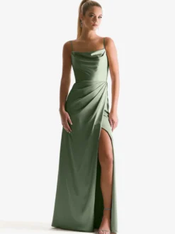 Robe de demoiselle d'honneur à bretelle zip sur dos jupe fendue au sol