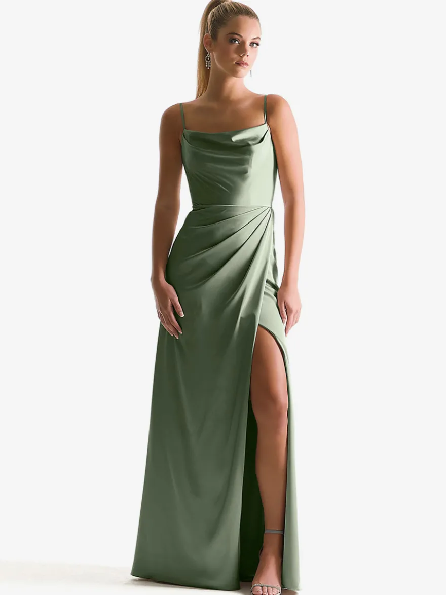 Robe de demoiselle d'honneur à bretelle zip sur dos jupe fendue au sol