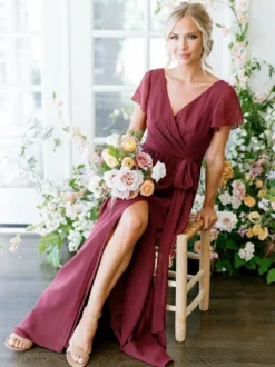 Robe de demoiselle d'honneur bordeaux col V jupe fendue longueur cheville