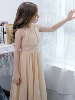 Robe de demoiselle d'honneur en mousseline de soie plissée col bijou sans manches champagne