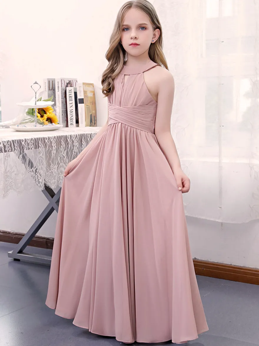 Robe de demoiselle d'honneur en mousseline de soie plissée dos nu sans manches rose lotus
