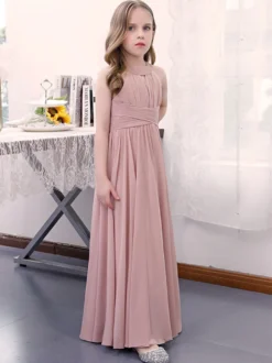 Robe de demoiselle d'honneur en mousseline de soie plissée dos nu sans manches rose lotus