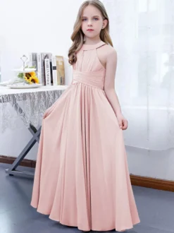 Robe de demoiselle d'honneur en mousseline de soie plissée dos nu sans manches rose lotus