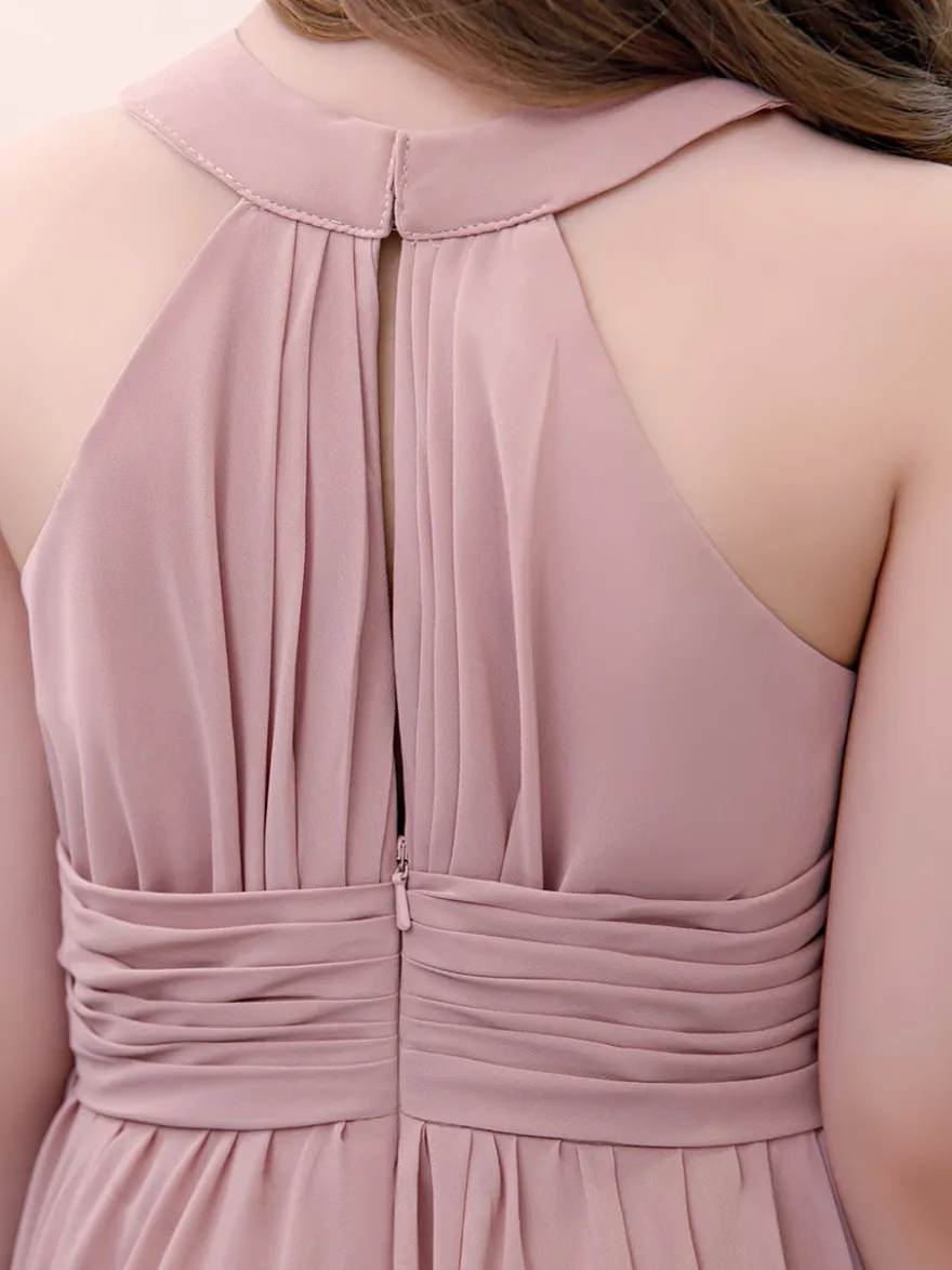 Robe de demoiselle d'honneur en mousseline de soie plissée dos nu sans manches rose lotus