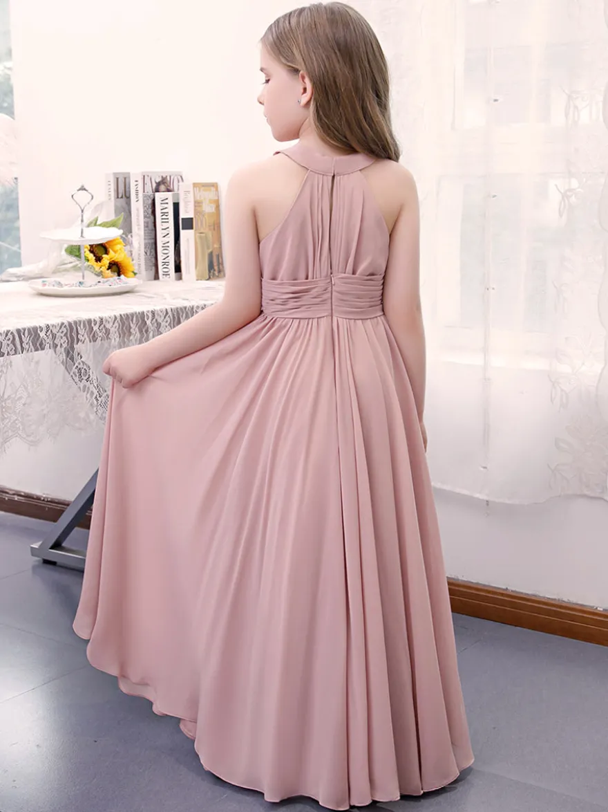 Robe de demoiselle d'honneur en mousseline de soie plissée dos nu sans manches rose lotus