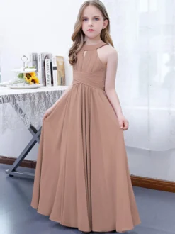 Robe de demoiselle d'honneur en mousseline de soie plissée dos nu sans manches rose lotus