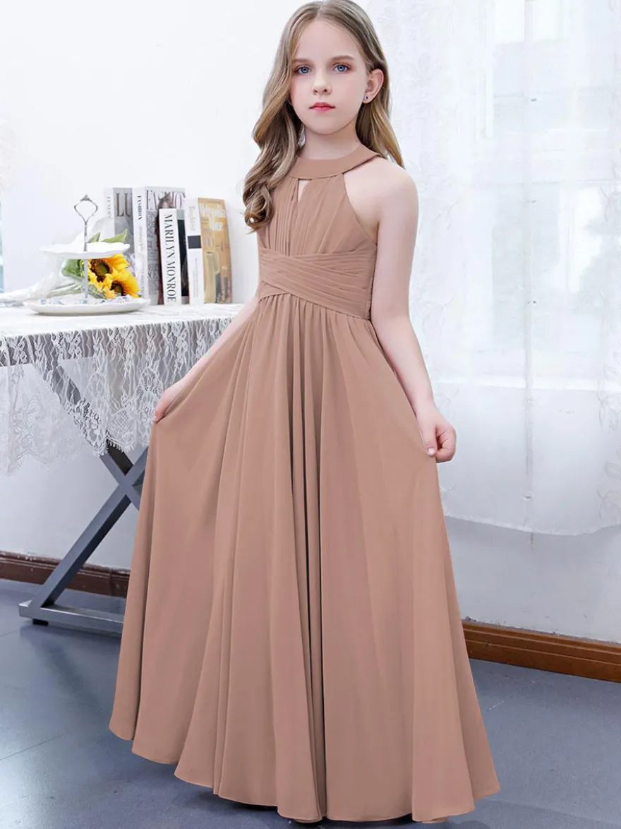 Robe de demoiselle d'honneur en mousseline de soie plissée dos nu sans manches rose lotus