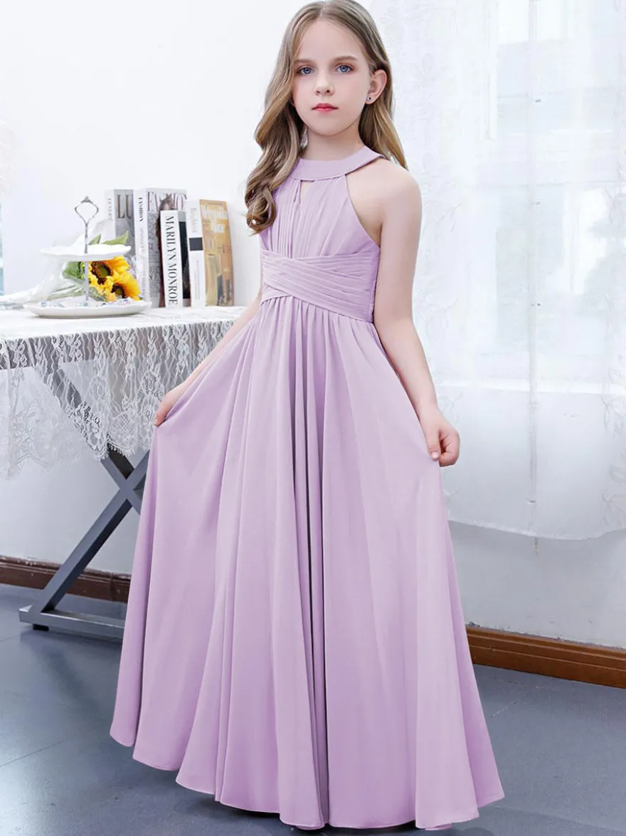 Robe de demoiselle d'honneur en mousseline de soie plissée dos nu sans manches rose lotus