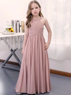 Robe de demoiselle d'honneur en mousseline de soie plissée dos nu sans manches rose lotus