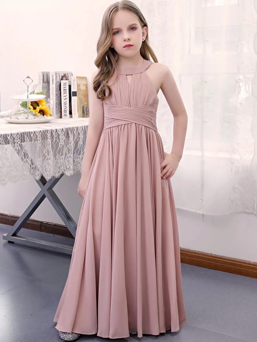 Robe de demoiselle d'honneur en mousseline de soie plissée dos nu sans manches rose lotus