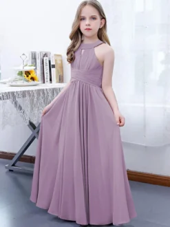 Robe de demoiselle d'honneur en mousseline de soie plissée dos nu sans manches rose lotus