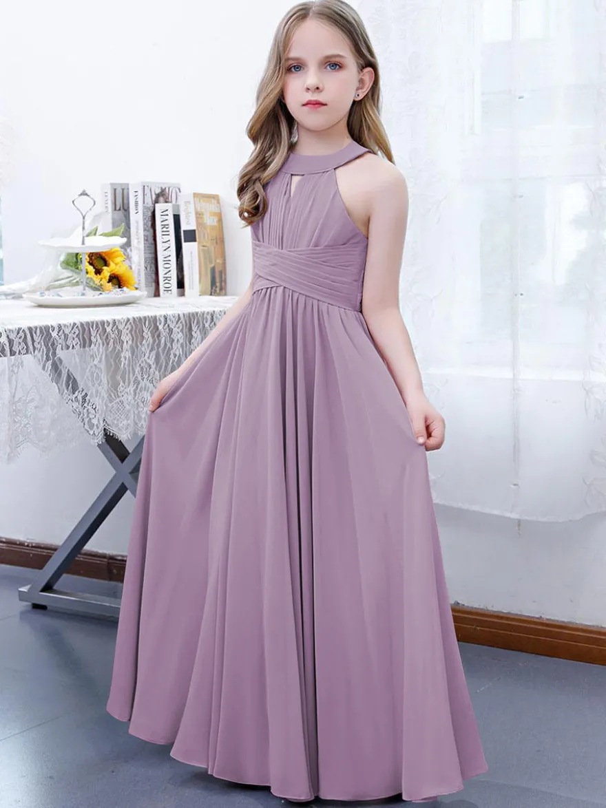 Robe de demoiselle d'honneur en mousseline de soie plissée dos nu sans manches rose lotus