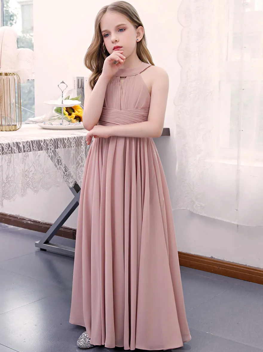 Robe de demoiselle d'honneur en mousseline de soie plissée dos nu sans manches rose lotus