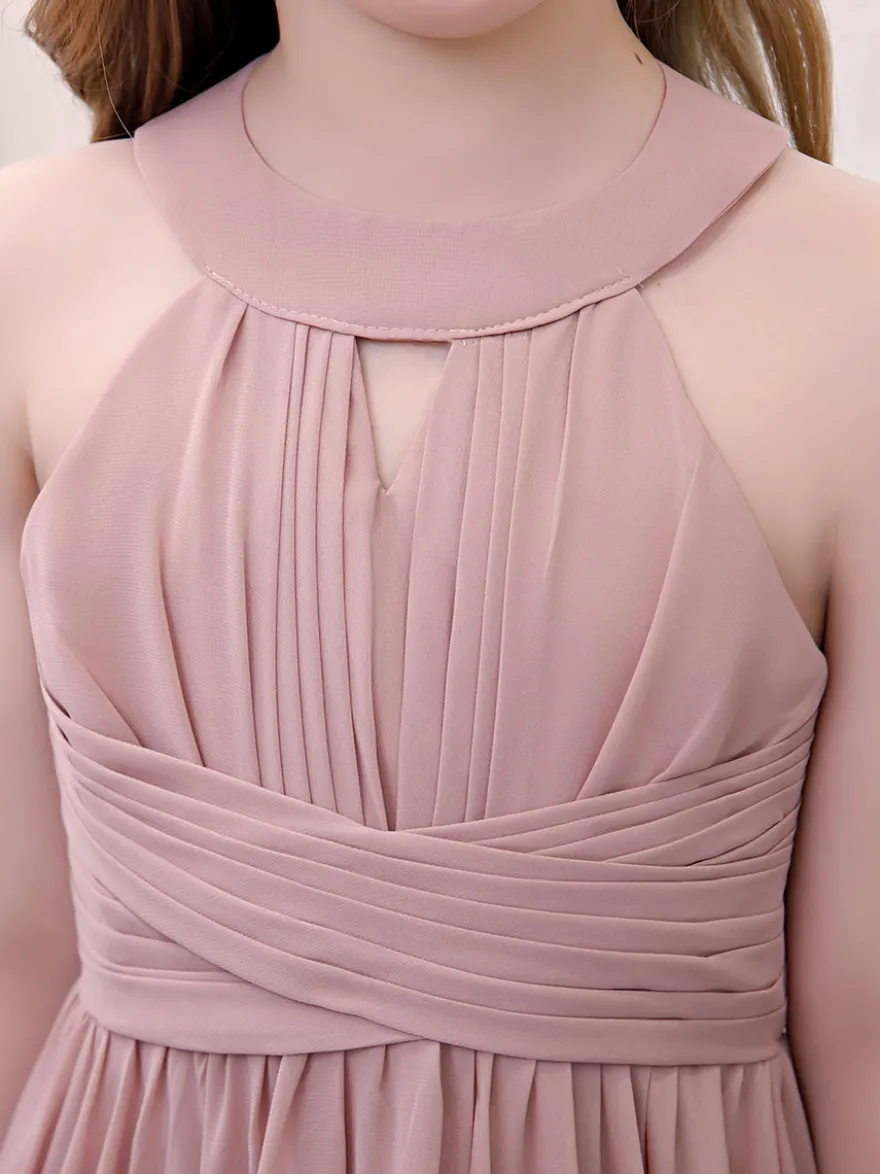 Robe de demoiselle d'honneur en mousseline de soie plissée dos nu sans manches rose lotus