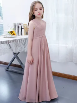 Robe de demoiselle d'honneur en mousseline de soie plissée col en V sans manches rose lotus