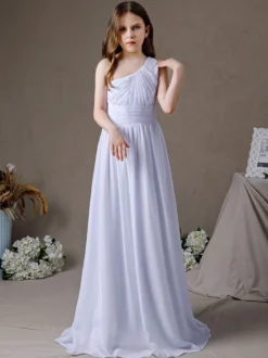 Robe de demoiselle d'honneur en mousseline de soie plissée une épaule sans manches blanc