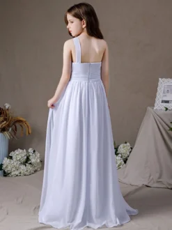 Robe de demoiselle d'honneur en mousseline de soie plissée une épaule sans manches blanc