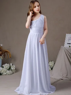 Robe de demoiselle d'honneur en mousseline de soie plissée une épaule sans manches blanc