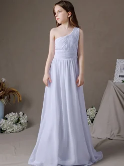 Robe de demoiselle d'honneur en mousseline de soie plissée une épaule sans manches blanc