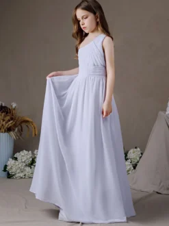 Robe de demoiselle d'honneur en mousseline de soie plissée une épaule sans manches blanc