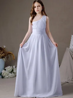 Robe de demoiselle d'honneur en mousseline de soie plissée une épaule sans manches blanc